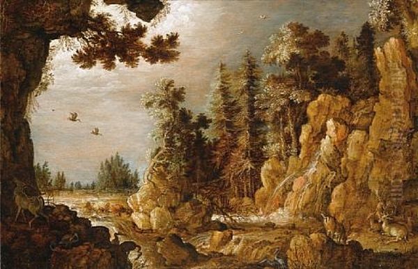 Deer In A Mountainous River Landscape - view 1
