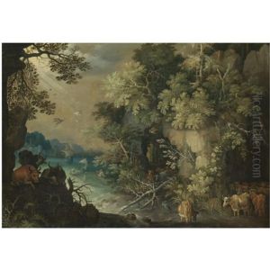 A Bosky Fluvial Landscape With Cattle Resting And Drinking