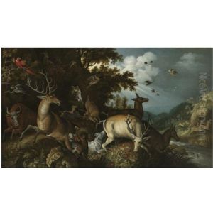 A Wooded River Lanscape With Stags Chased By Huntsmen And Their Dogs