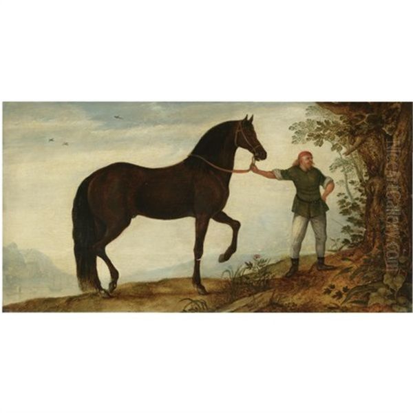 A Black Stallion With A Groom, In A Landscape - view 1
