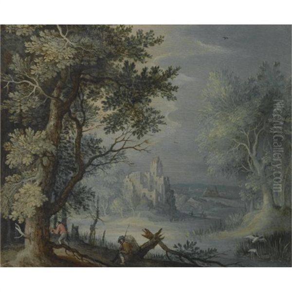 A Wooded Landscape With A Fortified Settlement In The Distance And Figures In The Foreground - view 1