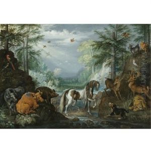 A Paradise Landscape With A Skewbald, Heifers, Stags, A Lion, A Dog, Goats, Parrots And Other Animals, The Conversion Of St. Hubert Beyond by Roelandt Savery