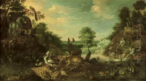 The Garden Of Eden With A Stag, Deer, Horses, Birds, Elephants, A Camel, Turtles, Fish And Other Animals, The Fall Of Man Beyond - view 1