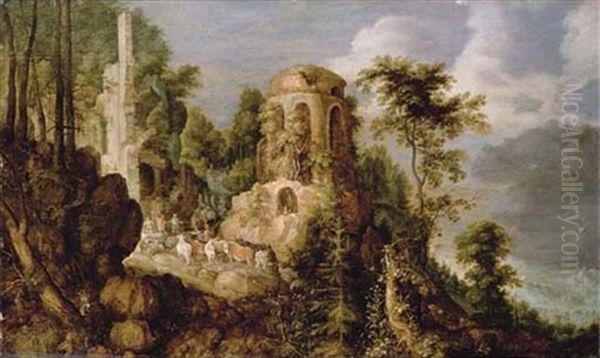 A Rocky Landscape With A Stream And Classical Ruins, With The Reconcilliation Of Jacob And Laban - view 1