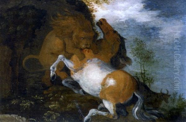 Lionne Attaquant Un Cheval - view 1