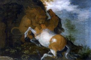 Lionne Attaquant Un Cheval by Roelandt Savery