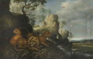 Phantastische Felsenlandschaft Mit Lowenpaar Und Leopard by Roelandt Savery