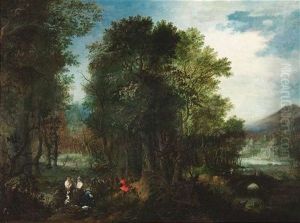 Waldlandschaft Mit Jagdgesellschaft, Rechts Ein Flus Und Schlosahnliche Gebaude Waldlandschaft Mit Jagdgesellschaft, Rechts Ein Flus Und Schlosahnliche Gebaude