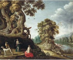 A Wooded River Landscape With Jupiter And Callisto by Roelandt Savery
