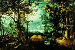 Chasseurs En Embuscade Dans Un Vaste Paysage Boise by Roelandt Savery