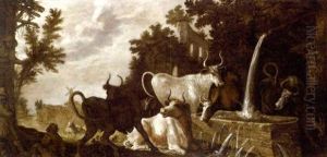 A Wooded Landscape With Peasants By A Cottage And Cattle At A Drinking Trough, A Village Beyond