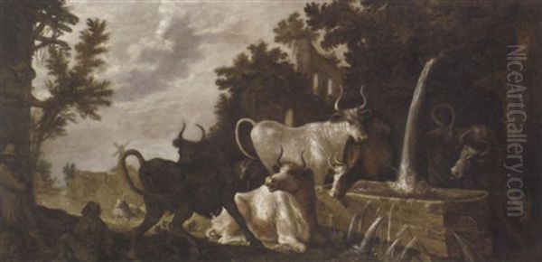 A Classical Wooded Landscape With Peasants By A Cottage And Cattle At A Drinking Trough, A Village Beyond - view 1