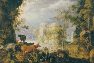 A Wooded Landscape With Cows, Birds And Other Animals By A Lake, With A Village Beyond by Roelandt Savery