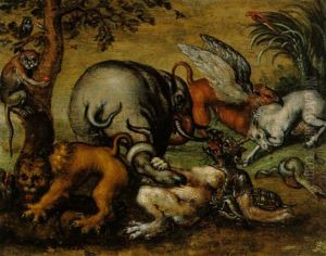 Kampfende Tiere In Einer Waldlandschaft