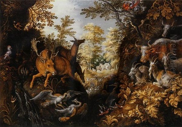 A Stag, Deers, Herons, Goats, Parrots And Other Animals In A Forest - view 1