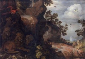 Lions Resting In A Wooded Glade With A Parrot, Animal Bones And A Waterfall Nearby, Two Leopards On The Bank Beyond