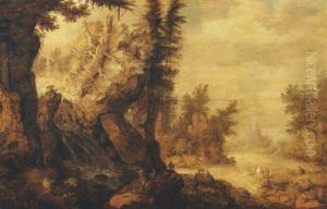 A Wooded River Landscape With Deer, Goats And Lizards By A Waterfall And Cattle, Swans And Storks By The Banks Of A River, A Castle Beyond by Roelandt Savery