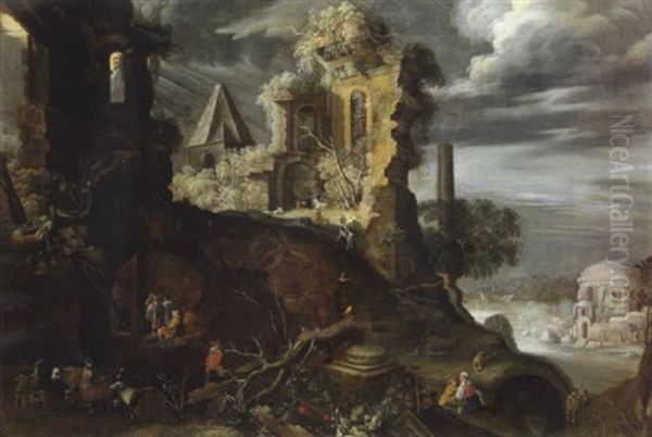 Phantastische Landschaft Mit Ruinen Figuren Und Tieren - view 1