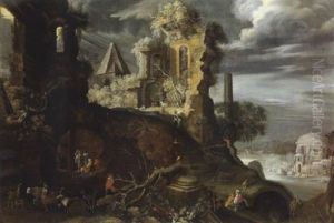 Phantastische Landschaft Mit Ruinen Figuren Und Tieren by Roelandt Savery