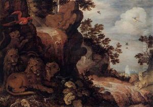 A Rocky Landscape With A Lion, Leopards And Birds