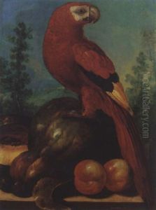 Still Life Of A Macaw Together With Melons, Peaches, And Plums Upon A Stone Ledge Still Life Of A Macaw Together With Melons, Peaches, And Plums Upon A Stone Ledge