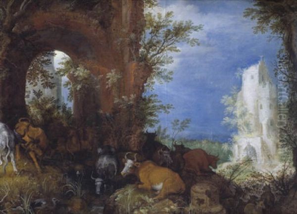 Landschaft Mit Kuhen, Hirschen Und Wasservogeln An Einem Wasserfall Vor Einer Ruine - view 1