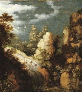 A Rocky Wooded Landscape With Deer Resting By A Waterfall by Roelandt Savery