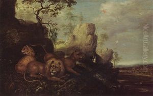 A Lion, A Lioness And A Leopard In A Mountainous Wooded Landscape With Macaws And Birds Near A Waterfall by Roelandt Savery