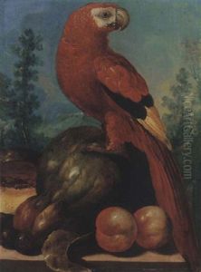 Still Life Of A Macaw Together With Melons, Peaches, And Plums On A Stone Ledge, A Wooded Landscape Beyond Still Life Of A Macaw Together With Melons, Peaches, And Plums On A Stone Ledge, A Wooded Landscape Beyond