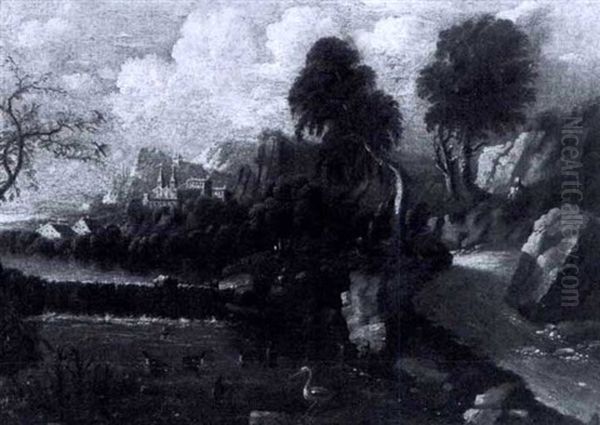 Landscape With Stork And Geese In Foreground And Monestary In The Distance - view 1