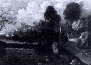Landscape With Stork And Geese In Foreground And Monestary In The Distance by Roelandt Savery