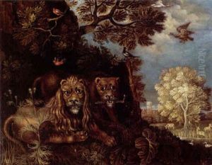 A Lion And Lioness In A Landscape by Roelandt Savery