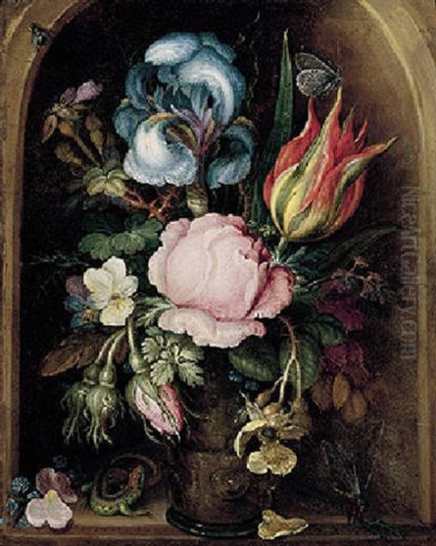 A Still Life Of An Iris, A Tulip, A Rose, Moss-roses And Other Flowers And Plants In A Glass Vase, Flanked By A Lizard And A Dragonfly - view 1
