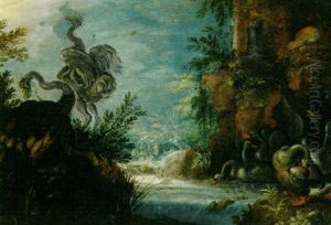 Ostriches By A Waterfall Near A Ruined Castle