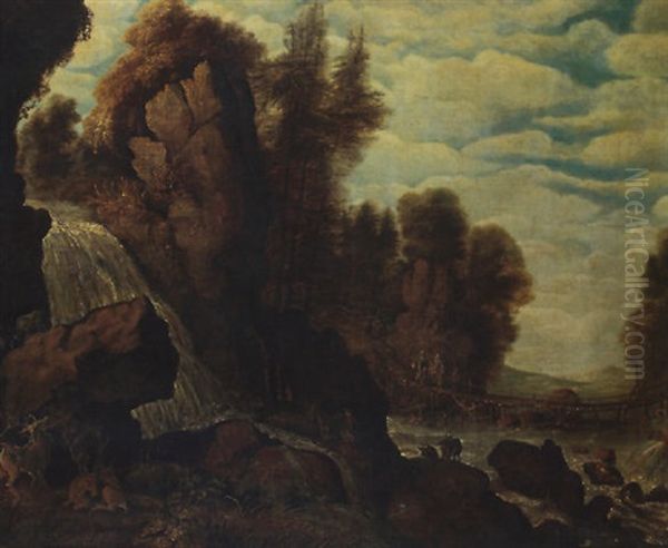 A Rugged Alpine Landscape With Travellers Crossing A Wooden Bridge - view 1