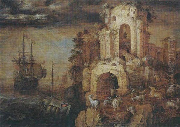 A Coastal Scene Under A Glowering Sky, With Goats And Other Animals And Peasants Among Ruins - view 1