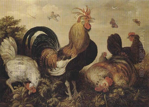 A Cockerel And Hens In A Landscape - view 1