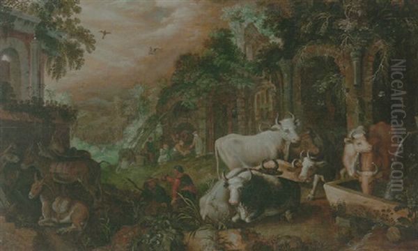 Herders Resting And Watering Their Animals By A Set Of Ruins - view 1