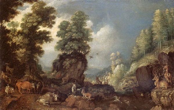 A Rocky Wooded Landscape With Cattle, Goats And Deer - view 1
