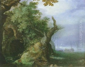 Paysage A La Grotte Et Au Tronc D'arbre Paysage A La Grotte Et Au Tronc D'arbre