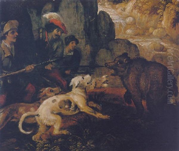 A Bear Hunt In A Rocky Landscape Wih A Waterfall Beyond - view 1
