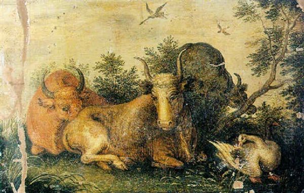 Cows And Ducks In A Wooded Landscape - view 1