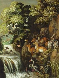 Deer, Goats, An Elephant And Other Animals By A Waterfall