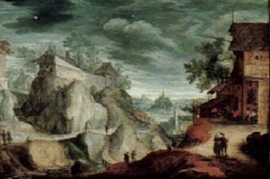 A Rocky River Landscape With A Tavern, Travellers Conversing And Crossing A Bridge by Roelandt Savery