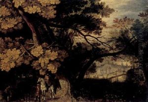 A Wooded Landscape With Figures And Their Horses Resting On A Track, A Riverside Town Beyond