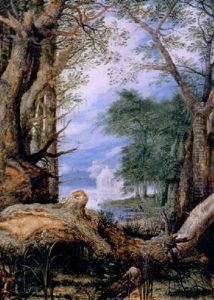 A Heron In A Wooded Marshland Landscape With A Felled Tree In The Forground And A Cottage In The Distance by Roelandt Savery