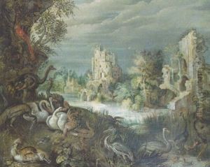 Ducks, Swans And Other Birds On A River Bank, Ruins In A Wooded Landscape Beyond