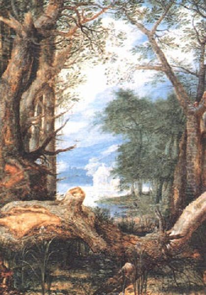 Heron In Wooded Marshland Landscape With A Felled Tree - view 1