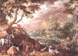 An Extensive Wooded Landscape With Numerous Animals And Orpheus And The Thracian Wives by Roelandt Savery