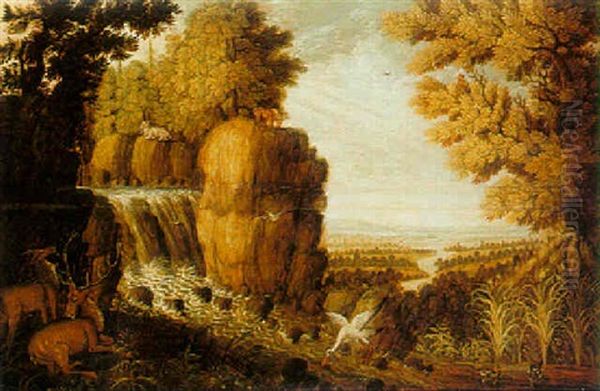 Rocky Wooded Landscape With Deer And Goats - view 1
